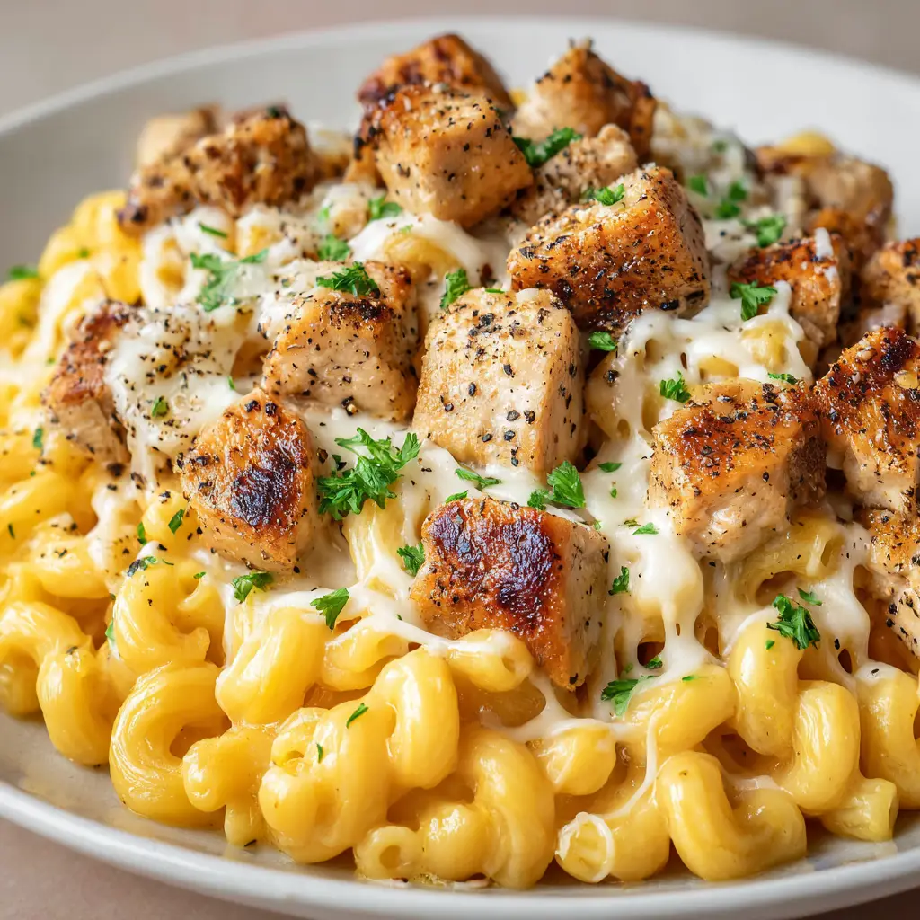 Strands of melted white mozzarella cheese draped over charred honey pepper chicken and elbow macaroni.