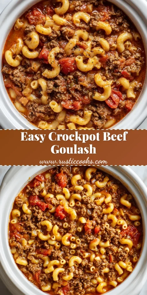 A deep bowl filled with rich, savory Crockpot Goulash featuring perfectly cooked elbow macaroni and browned ground beef in a thick tomato sauce.