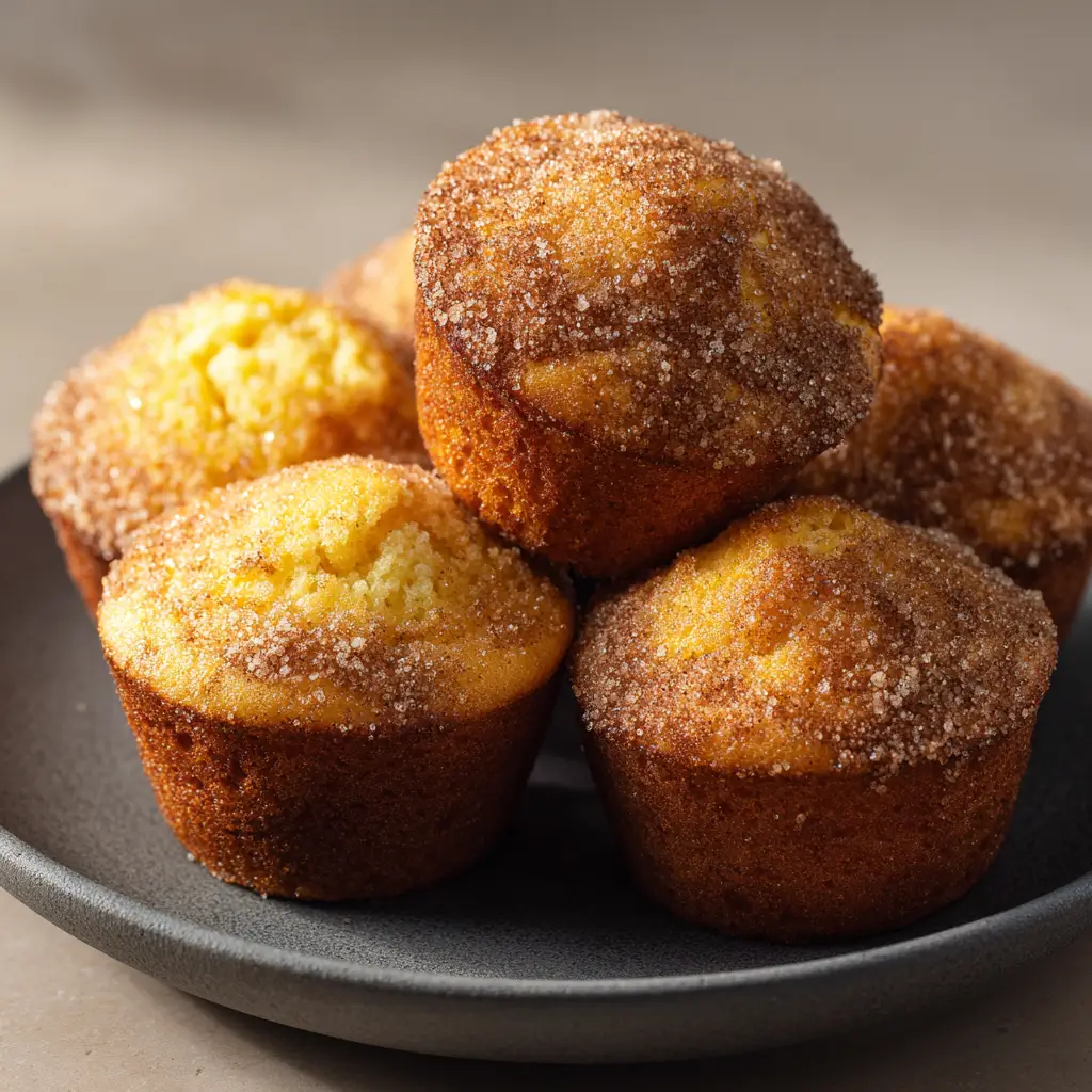 Several domed Keto Cinnamon Donut Muffins piled casually onto a matte dark grey ceramic plate, lit by soft natural daylight.
