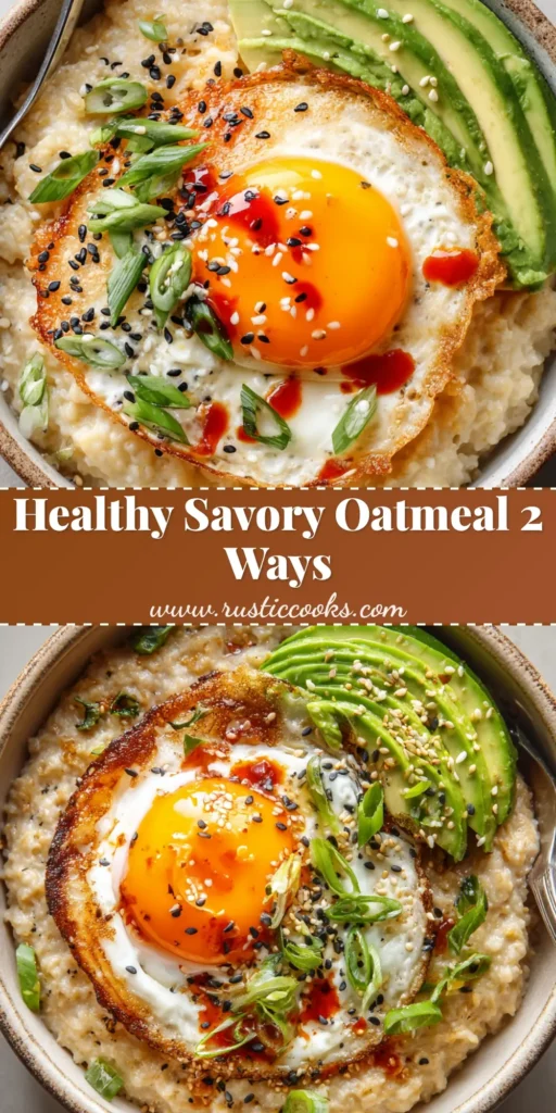 A close-up view of a rustic ceramic bowl filled with creamy savory oatmeal, topped with a crispy fried sunny-side-up egg, sliced green avocado, black sesame seeds, scallions, and a red chili oil drizzle.