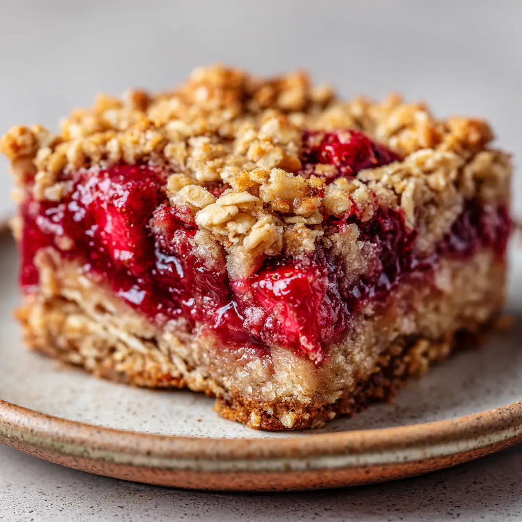 Close up of the dense baked oat and butter base topped with vibrant red cooked fresh strawberries.