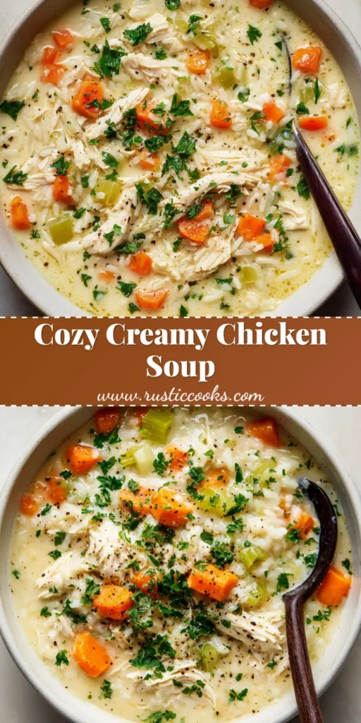 A steaming white ceramic bowl filled with Creamy Chicken and Rice Soup, featuring shredded white chicken, bright orange carrots, and fresh parsley garnish.