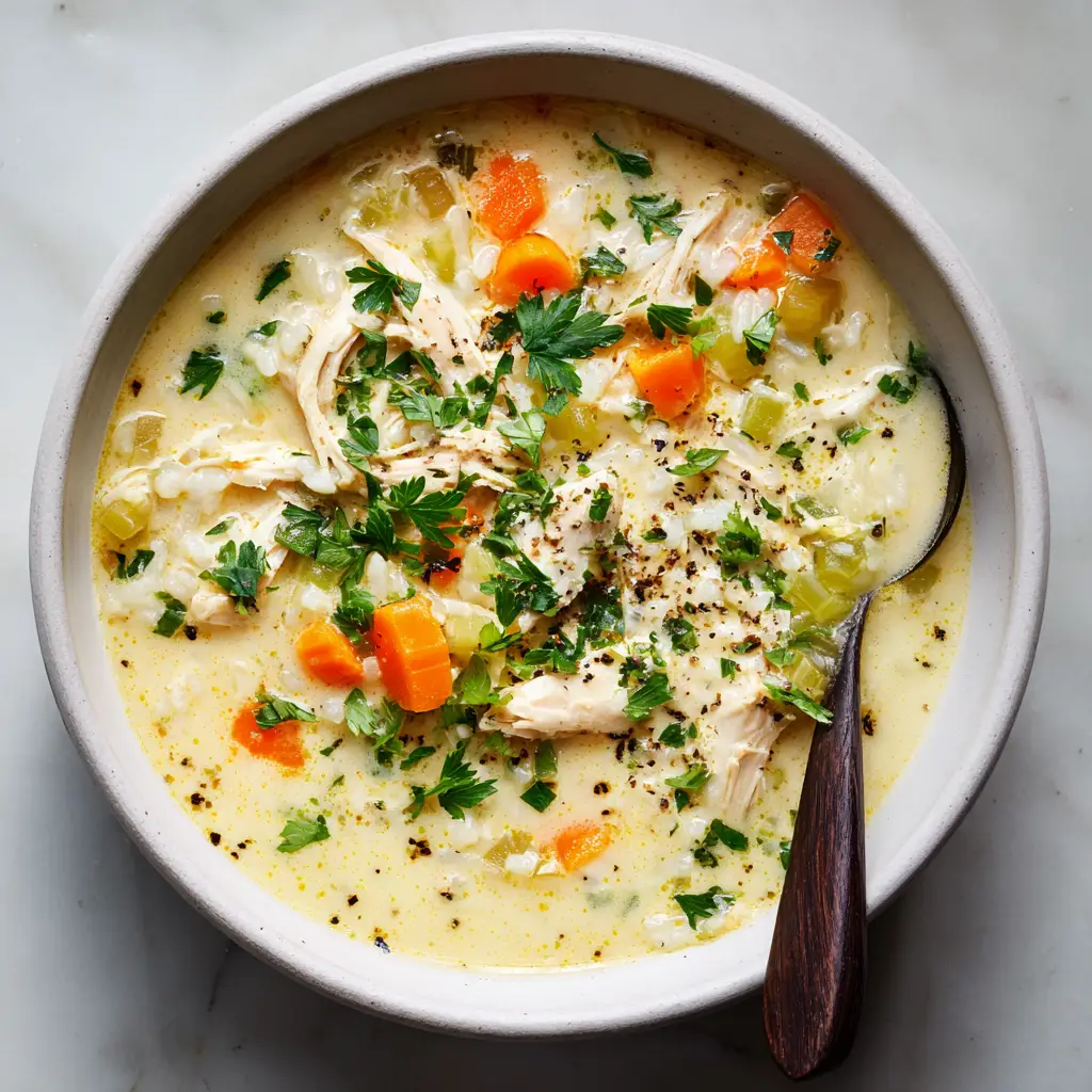 Close up of Creamy Chicken and Rice Soup showing uniformly diced carrots, celery, cooked white rice grains, and a sprinkle of coarse black pepper.