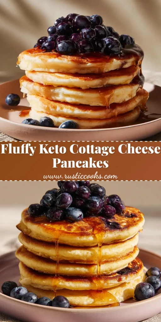 A towering stack of four Keto Cottage Cheese Pancakes topped with dark purple fresh blueberries and thick amber maple syrup on a pink plate.