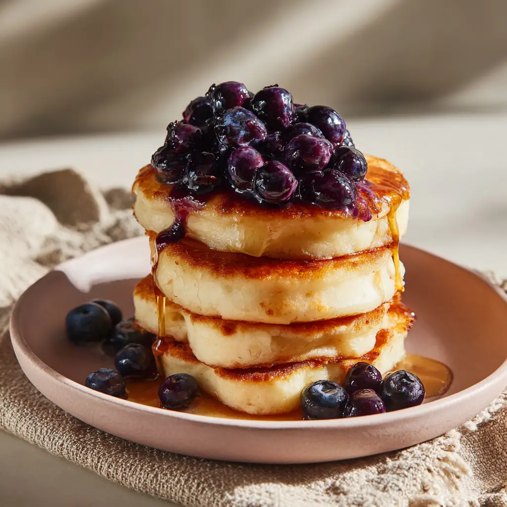 Close-up of thick, golden-brown Keto Cottage Cheese Pancakes showing crispy edges and plump fresh blueberries.