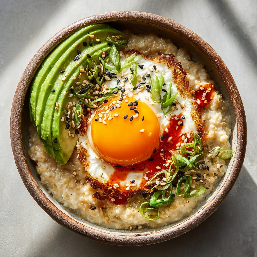 Top-down view showing the dense, textured base of thick savory oatmeal sitting in a light grey rustic bowl.