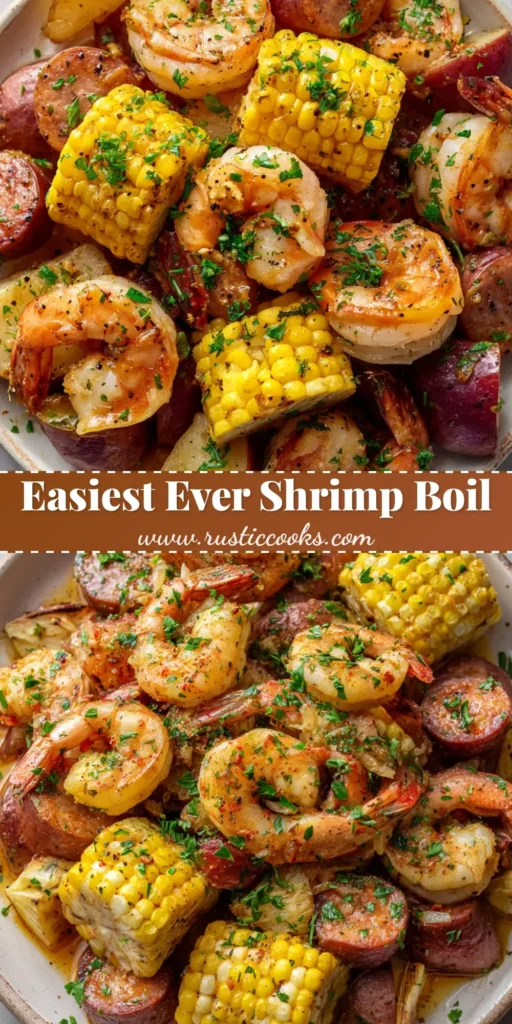 A rustic platter overflowing with an Oven Baked Shrimp Boil featuring pink shrimp, charred corn, red potatoes, and sliced sausage coated in buttery cajun sauce.