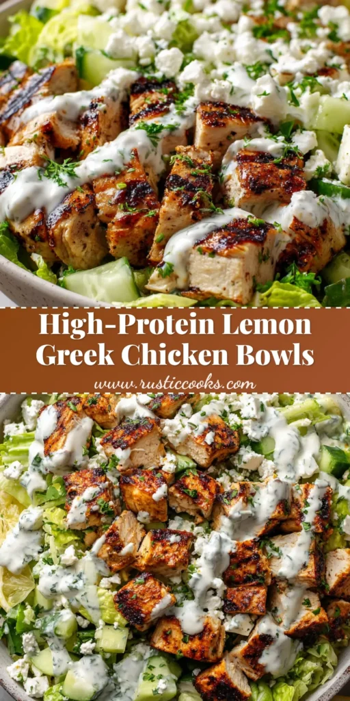 A wide shallow ceramic bowl filled with High Protein Greek Chicken Bowls featuring grilled cubed citrus chicken with char marks, crisp romaine, diced green tomatoes, creamy yogurt sauce, and glossy lemon vinaigrette.