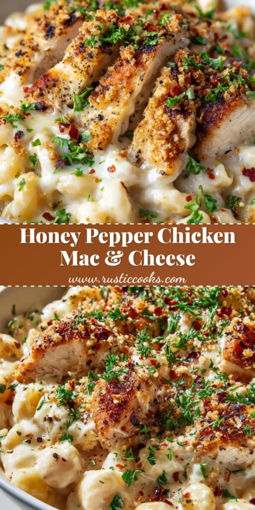 Close-up shot of creamy honey pepper Chicken Mac and Cheese in a white bowl, garnished with toasted breadcrumbs and fresh parsley.