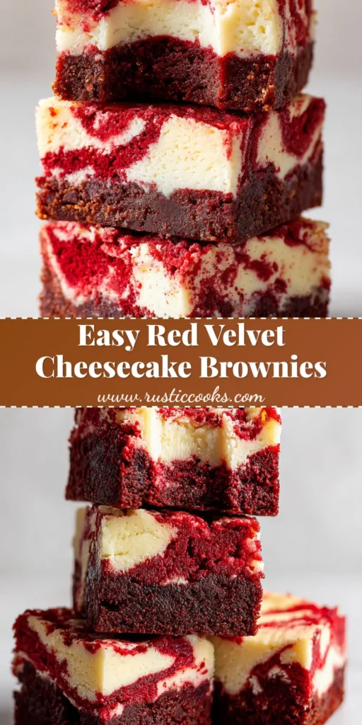 Three square-cut red velvet cheesecake brownies stacked in a pyramid against a stark white background.