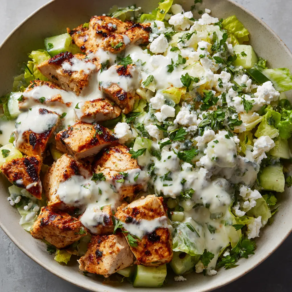 Top-down view of High Protein Greek Chicken Bowls plated on a neutral surface with soft natural daylight, showing crisp greens and feta cheese.