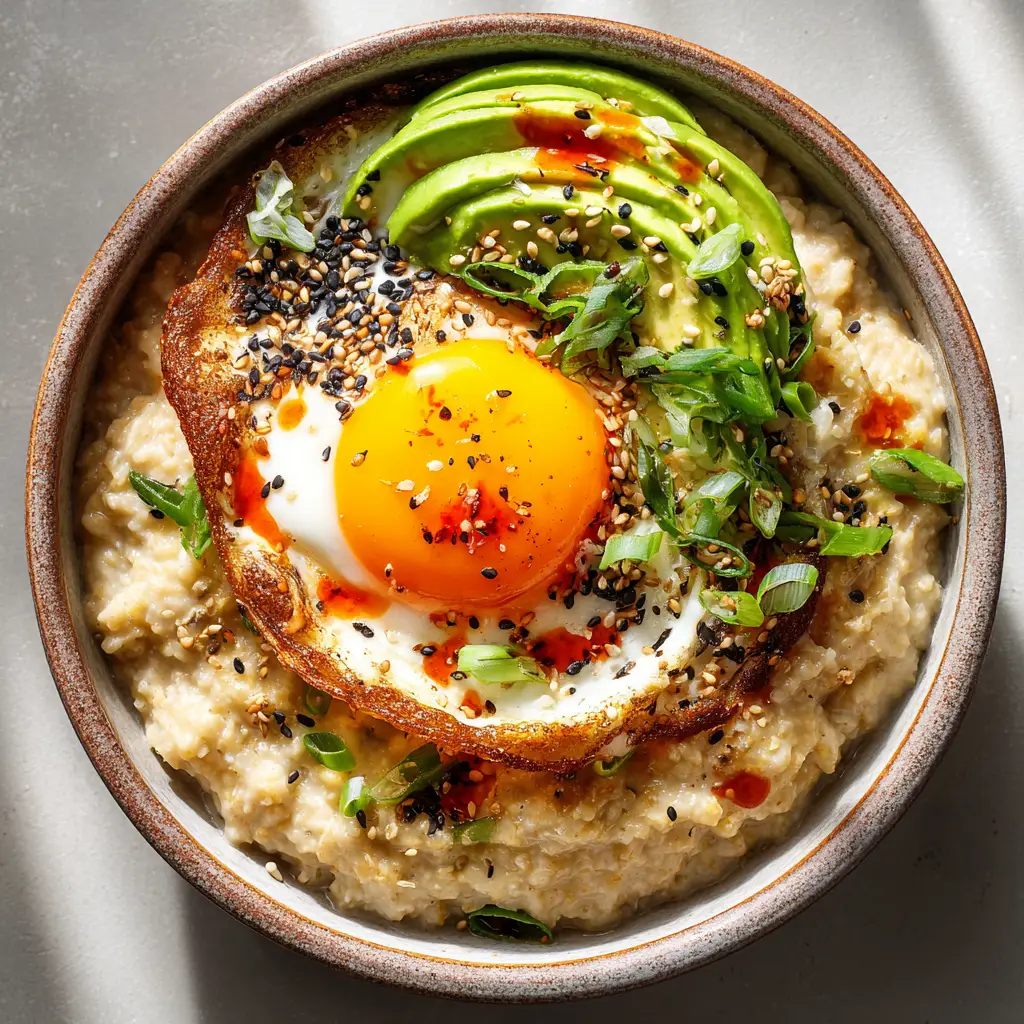 Glossy bright orange runny egg yolk sitting on top of thick creamy oatmeal alongside a fan of freshly sliced avocado.