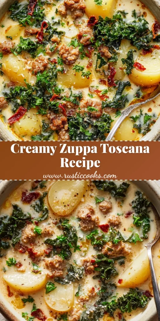 An overhead view of creamy Zuppa Toscana soup in a rustic ceramic bowl, garnished with bacon bits, parsley, and parmesan cheese.