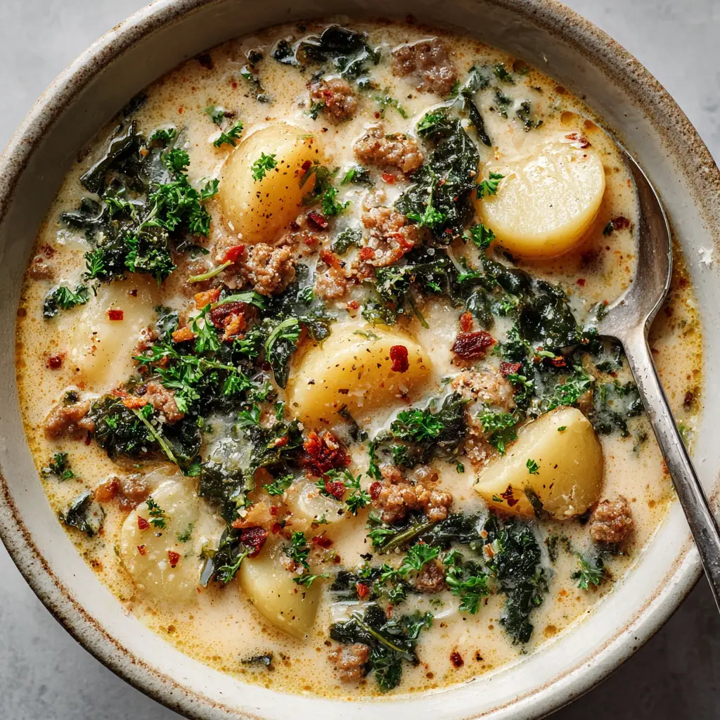 A silver spoon resting inside a bowl of Zuppa Toscana loaded with browned Italian sausage, wilted kale, and grated parmesan.