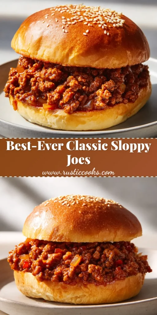 A close up of the ultimate Sloppy Joe Recipe overflowing with thick, glossy reddish-brown ground beef sauce on a soft sesame brioche bun.