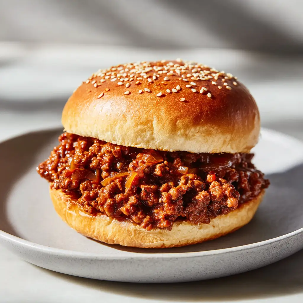 Ground beef mixture generously spilling over the sides of the bottom bun of a sloppy joe.
