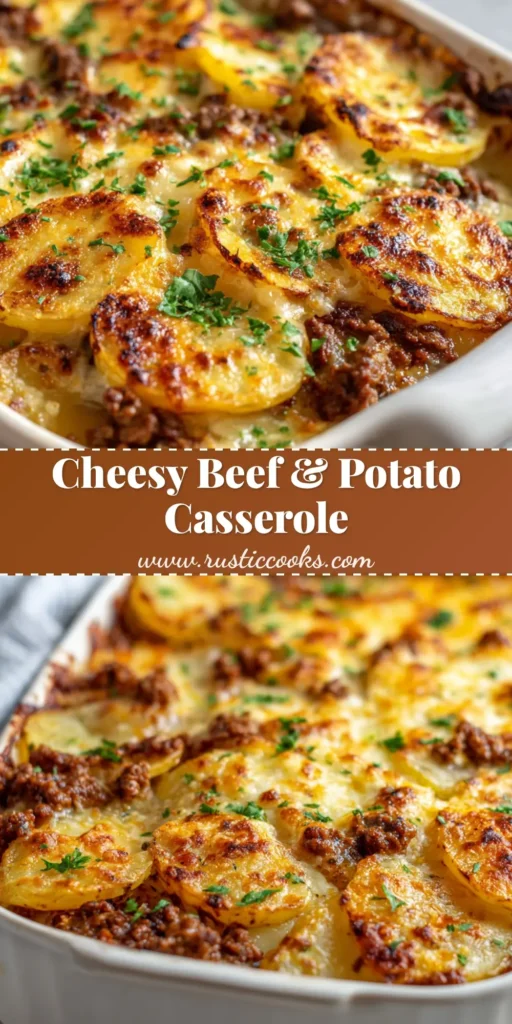 A delicious cheesy ground beef and potato casserole in a white ceramic dish, featuring crispy charred cheese edges and a garnish of fresh chopped parsley.