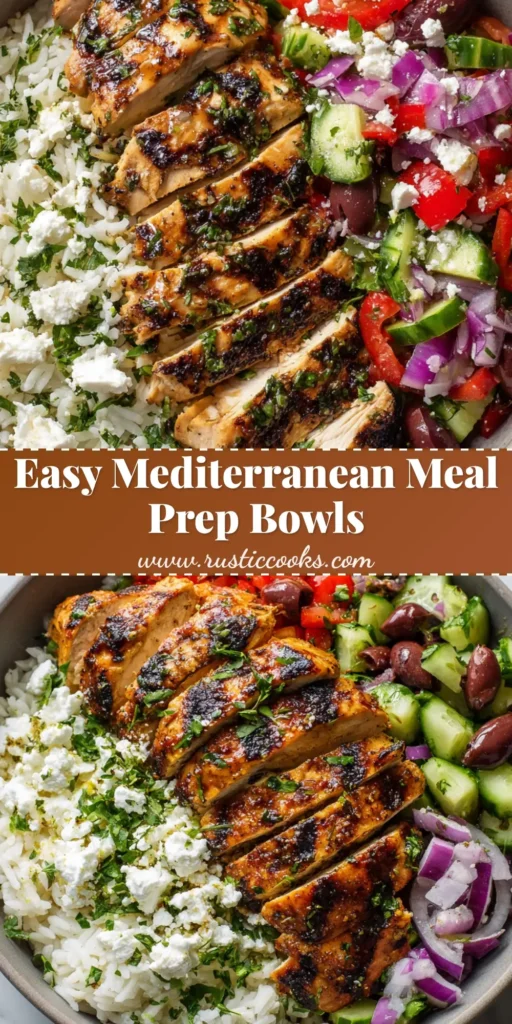 Overhead view of a vibrant Mediterranean Chicken Bowl with grilled chicken strips, fluffy white rice, cucumbers, red peppers, olives, and feta cheese.