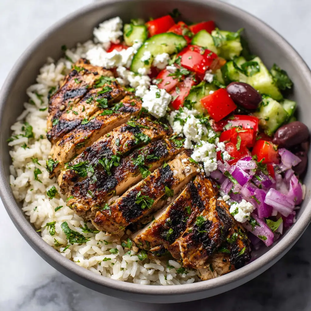 Delicious Mediterranean Chicken Bowl showcasing glistening chicken marinade and vibrant crumbled white feta cheese.