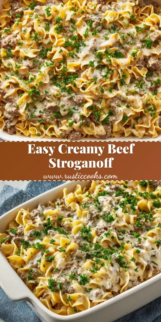 A beautiful overhead shot of Ground Beef Stroganoff casserole with curly egg noodles, creamy sauce, and fresh parsley in a white ceramic dish.