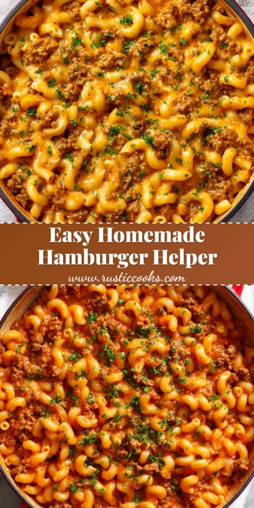 Overhead view of Homemade Hamburger Helper in a red cast-iron pot featuring glossy orange-red cheese sauce, beef crumbles, and elbow macaroni sprinkled with chopped parsley.