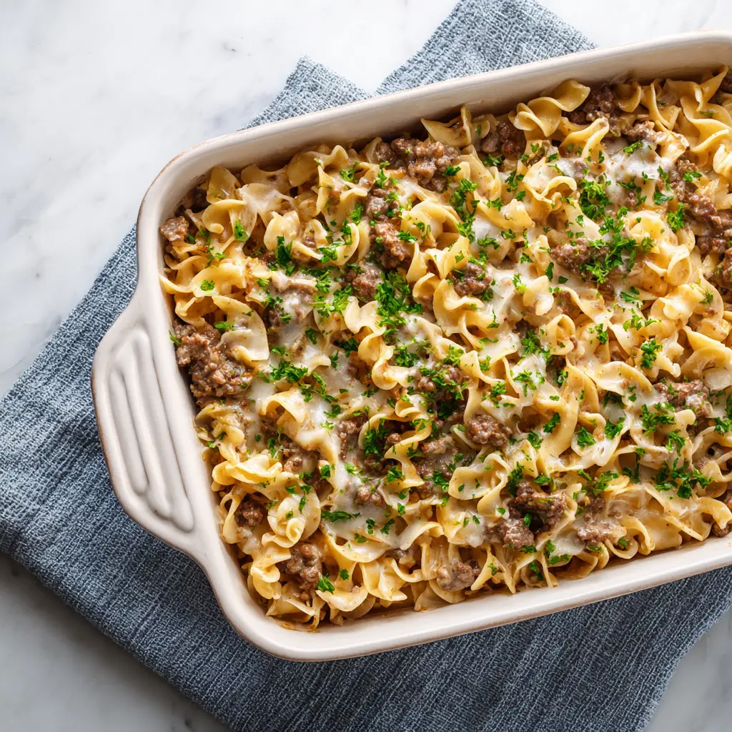 Wide curly egg noodles mixed with beef stroganoff sauce sitting on a blue-gray linen napkin upon a white marble countertop.