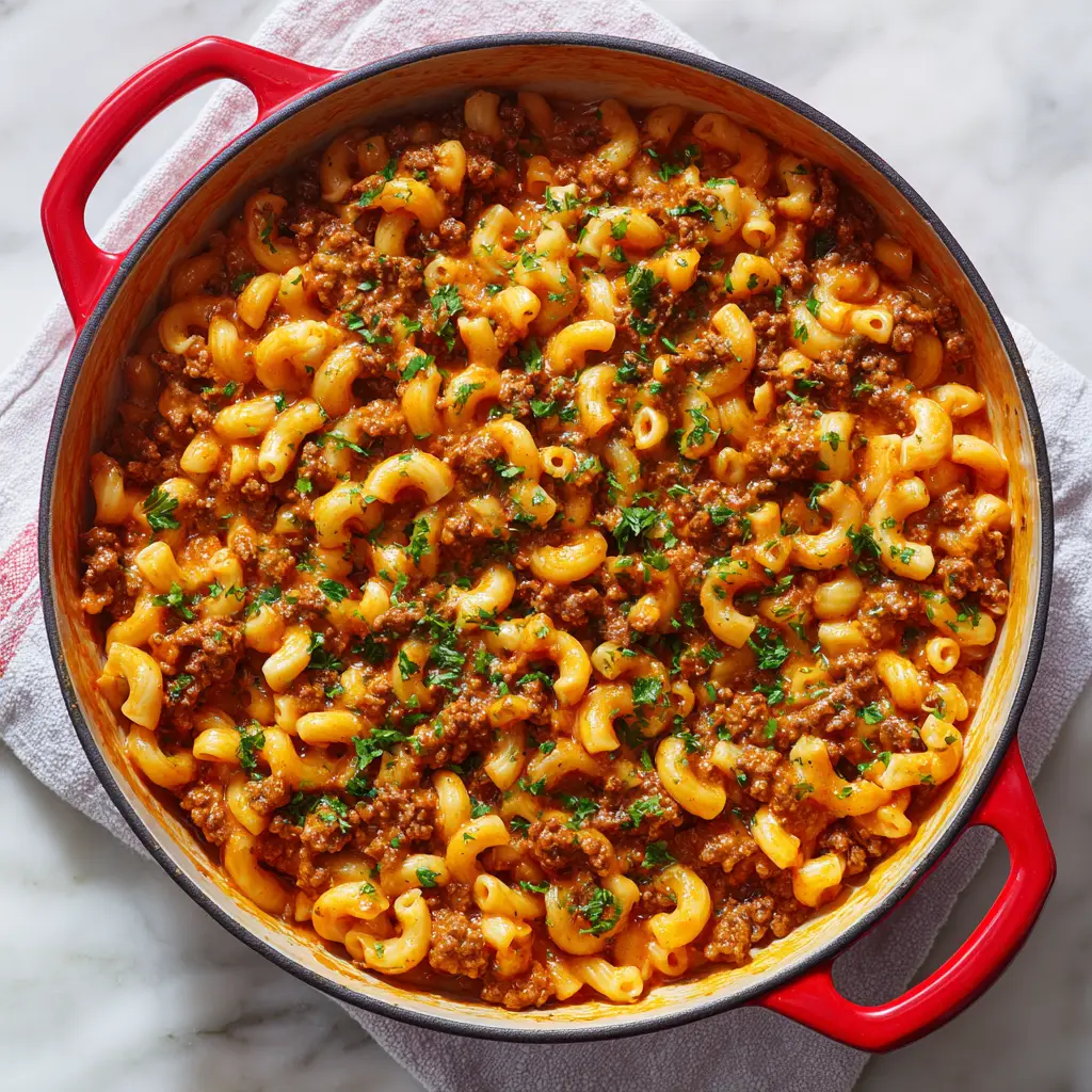 Homemade Hamburger Helper served in a bright red cast-iron pot sitting on a white cloth over a marble countertop.