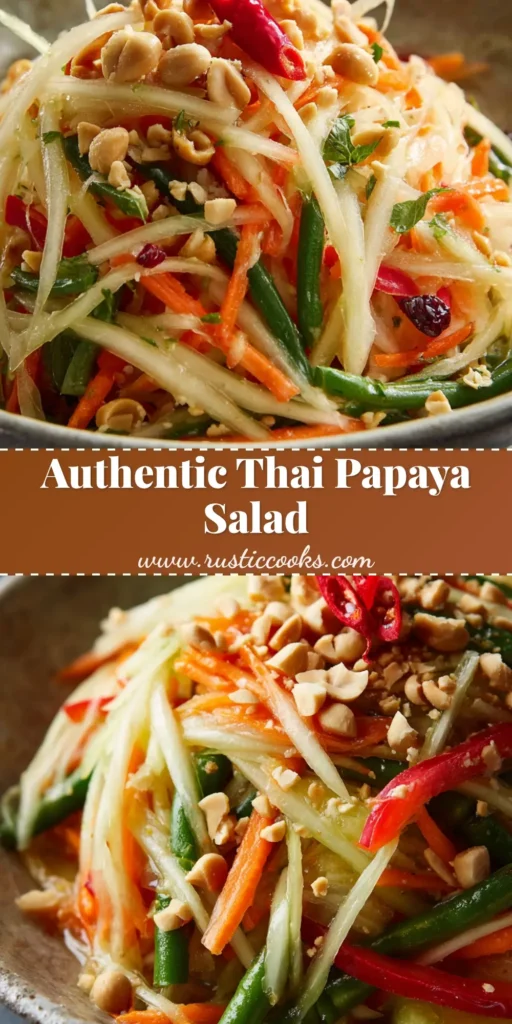 A tall, Pinterest-optimized image showcasing a fresh Thai Papaya Salad with julienned vegetables and crushed peanuts in a rustic stoneware bowl.