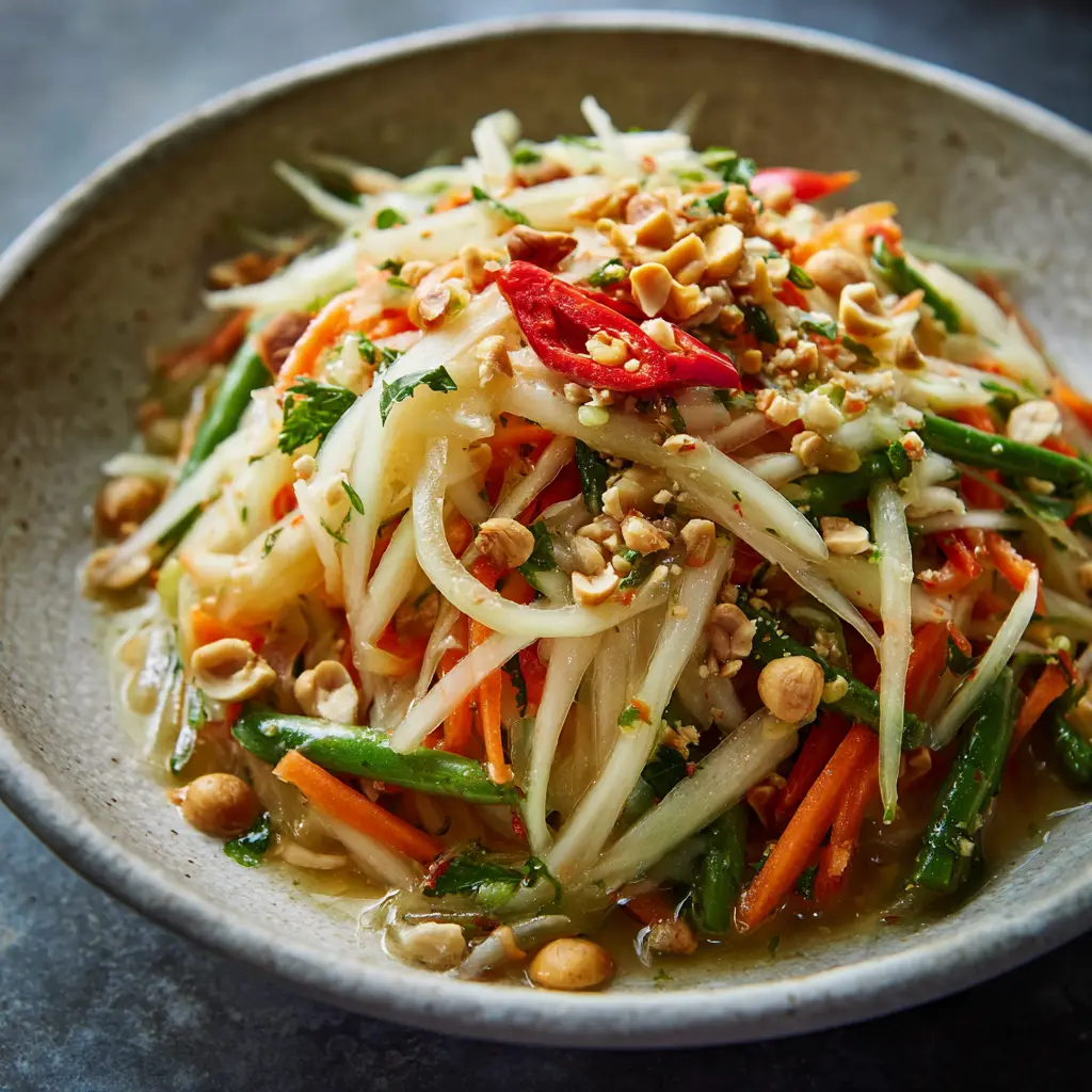 Close-up eye-level view of a vibrant Thai Papaya Salad featuring finely julienned pale green papaya, bright orange carrots, and a glistening lime dressing.