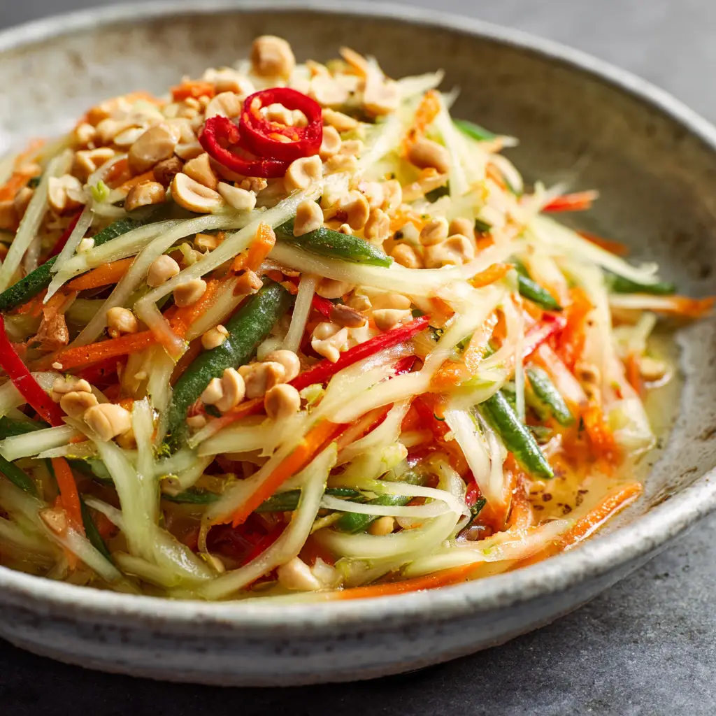 Thai Papaya Salad heavily sprinkled with coarsely chopped roasted peanuts, garnished with a single red Thai chili in a rustic light gray stoneware bowl.