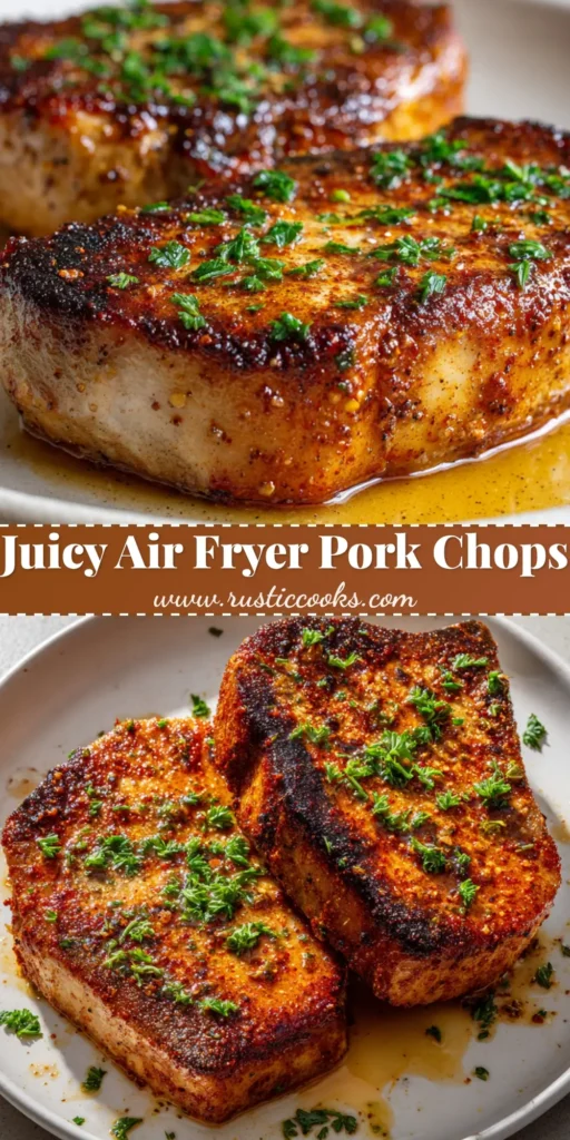 Two thick-cut boneless Air Fryer Pork Chops resting on a white ceramic plate, coated in a red smoked paprika dry rub, glistening with juices.