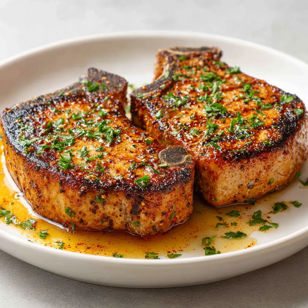 Two beautifully seared boneless pork chops on a neutral grey background, covered in a garlic and paprika dry rub.