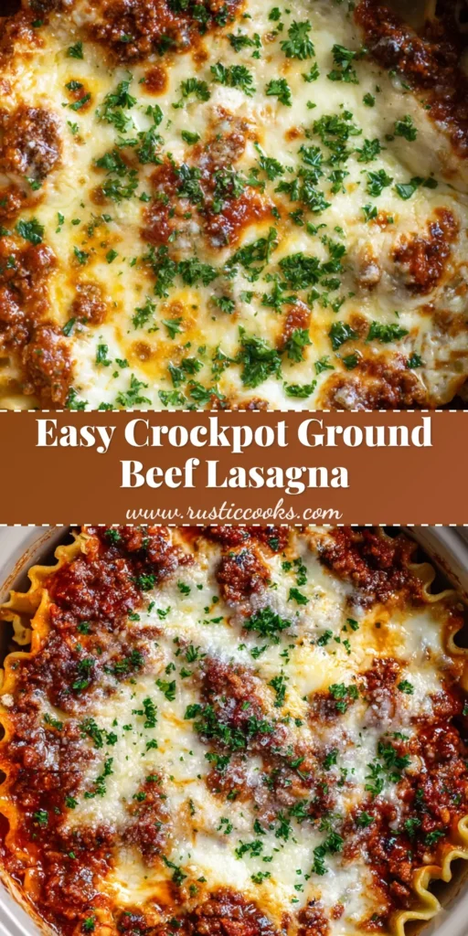 Top-down view of traditional Crockpot Lasagna featuring perfectly melted mozzarella cheese, hearty ground beef meat sauce, and wavy cooked noodles inside a ceramic slow cooker.