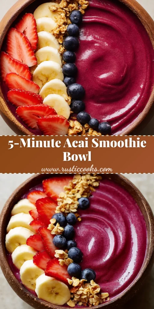 An overhead, close-up shot of a thick, deep magenta Acai Smoothie Bowl swirled in a rustic wooden bowl with strawberries, banana, blueberries, and granola on the left rim.