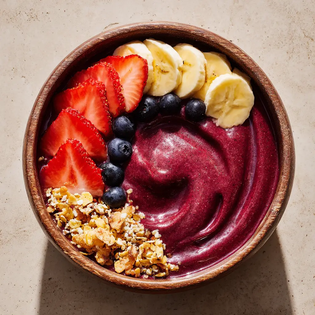 Close-up of a glossy, rich deep magenta acai smoothie base in a wooden bowl sitting on an off-white textured surface.