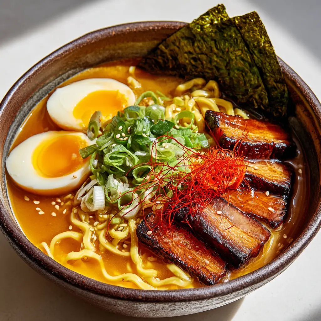 Detailed view of ramen toppings showing finely chopped bright green scallions, toasted sesame seeds, vibrant red chili oil drops, and a dark green nori sheet tucked into the side.
