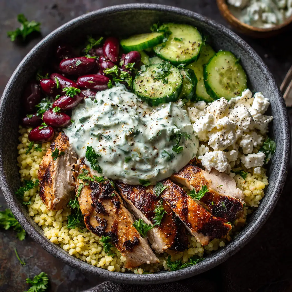 Top-down view of a Mediterranean chicken bowl in a dark grey rustic ceramic bowl, featuring golden couscous, sliced charred chicken, vibrant red kidney beans, and bright green cucumbers.