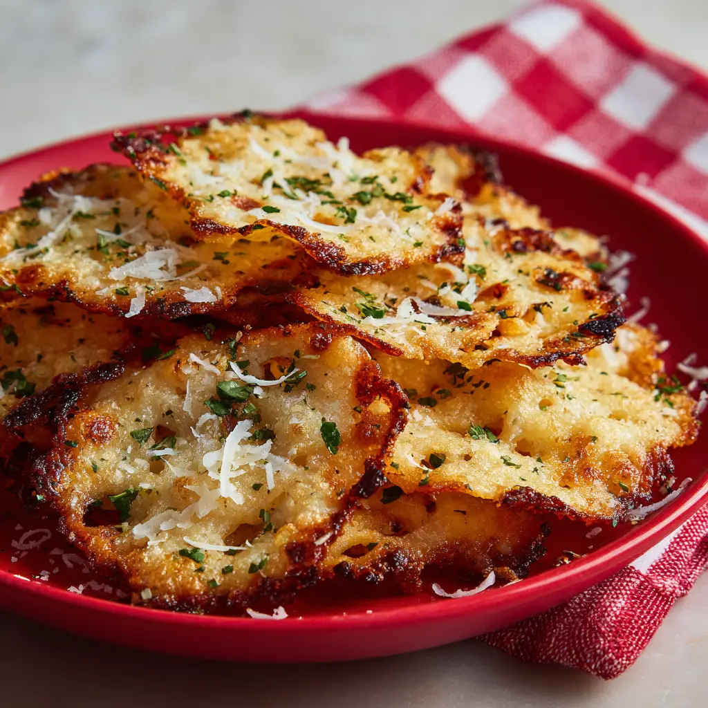 Macro shot of a thin, irregular circle cottage cheese chip showcasing darkly charred lace-like edges and delicate parmesan shavings.