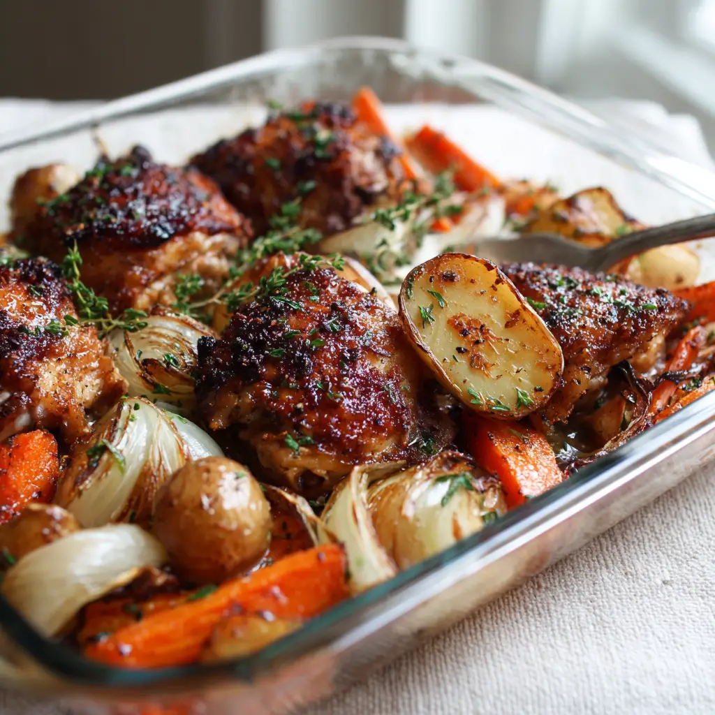 A silver fork lifting a fluffy, browned roasted baby potato from a dish of Sheet Pan Chicken Thighs garnished with dark chopped herbs and thyme.