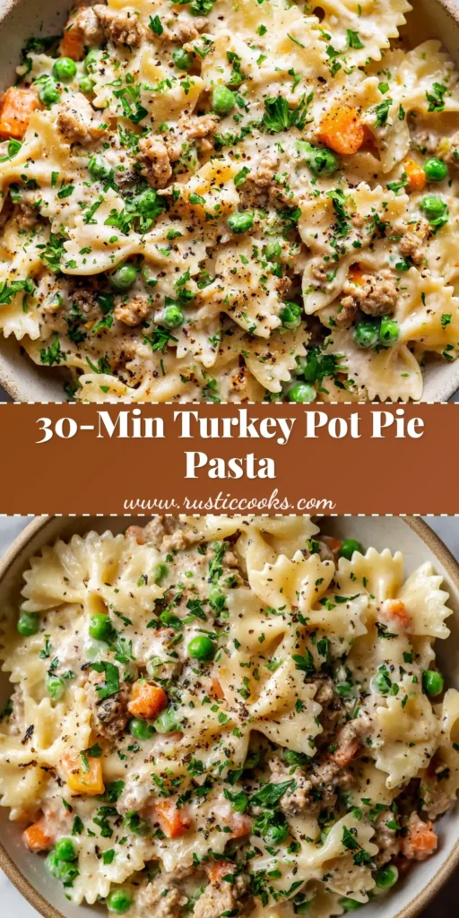 A close-up of creamy ground turkey pot pie pasta in a rustic beige bowl, topped with parsley.
