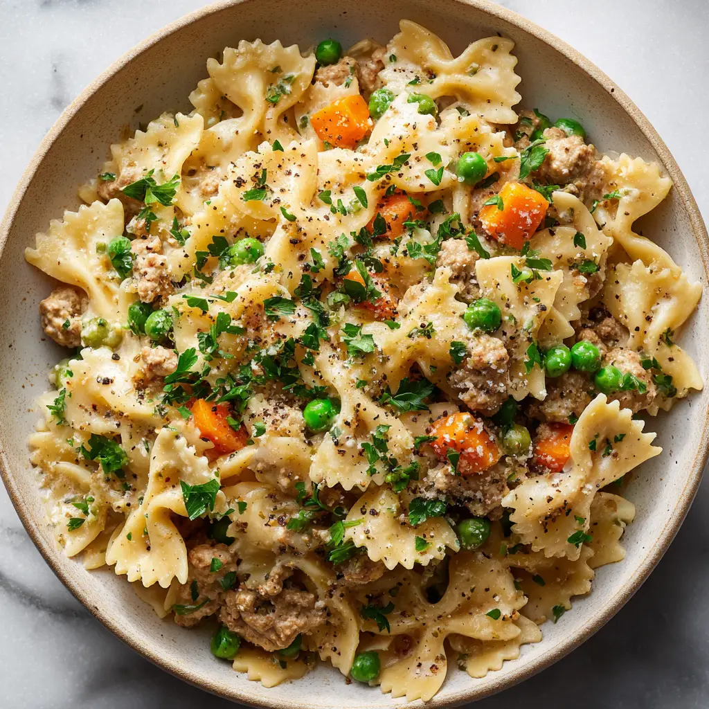 Close-up detail of ground turkey pot pie pasta showing thick cream sauce, fresh parsley, and coarse black pepper.