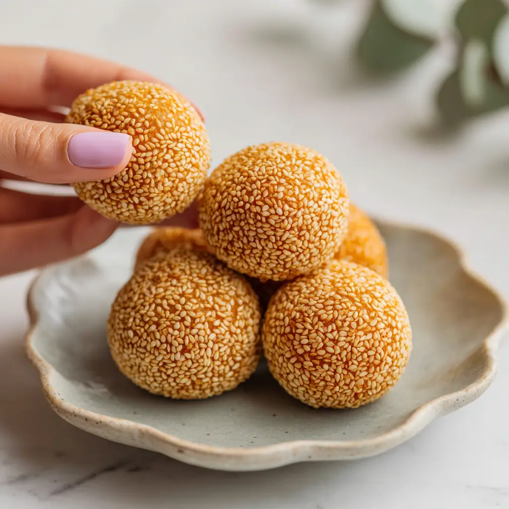 A small pile of four perfectly round, golden-brown fried sesame balls on a rustic scalloped-edge ceramic plate.