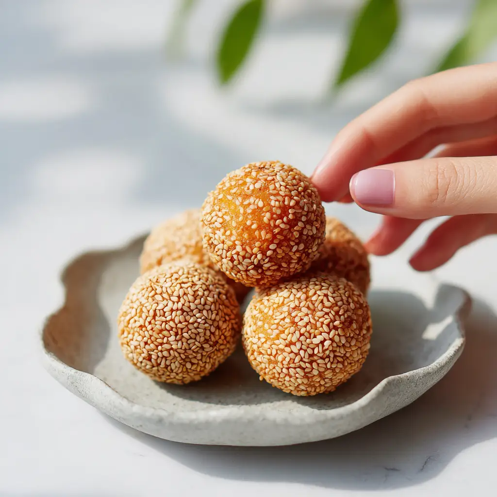 Close up of golden-brown fried sesame balls illuminated by soft natural daylight against a clean neutral background with green foliage.
