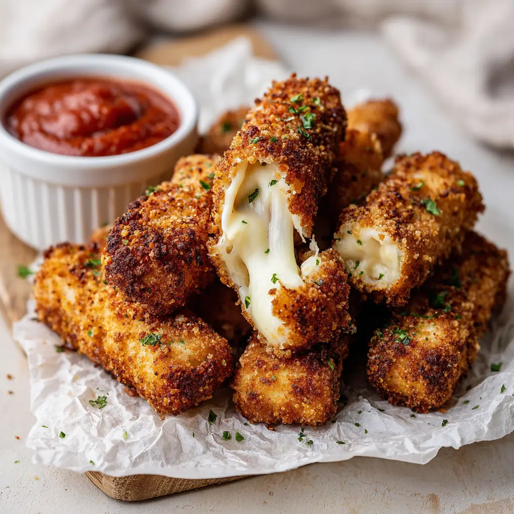 A pile of golden-brown, crispy breaded Air Fryer Mozzarella Sticks with fresh parsley garnish.