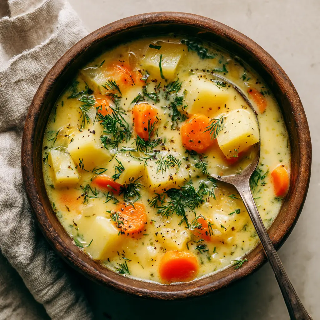 Top-down view of Potato Dill Soup in a wooden bowl sitting on an off-white surface with a linen napkin, showered with black pepper.