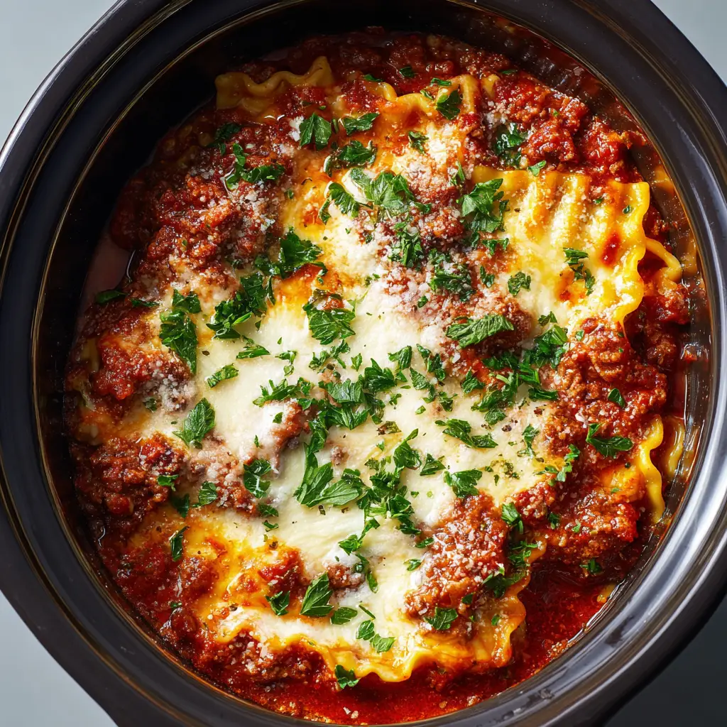 Bubbling Crockpot Lasagna inside a slow cooker pot, showing thick deep red tomato meat sauce and wavy lasagna edges.