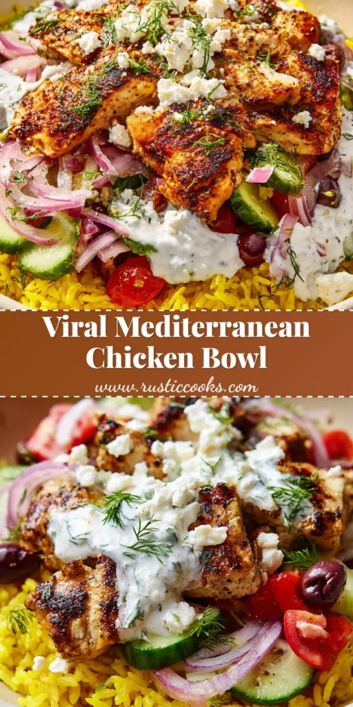 A shallow ceramic bowl filled with vibrant yellow rice, golden-brown seared chicken, cucumbers, tomatoes, Kalamata olives, feta cheese, and drizzled with creamy tzatziki sauce.