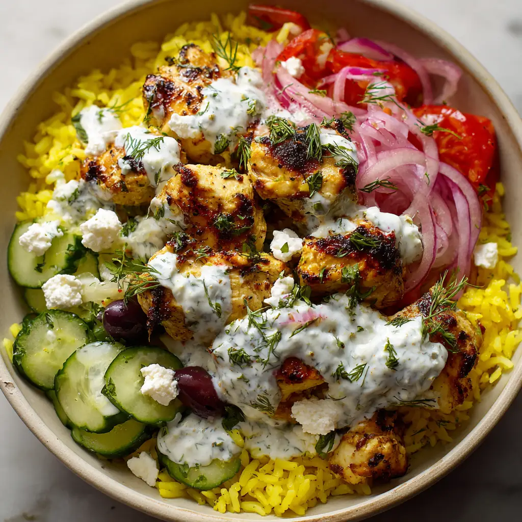 Eye-level shot of thick white tzatziki sauce generously drizzled over a Mediterranean Chicken Bowl with fresh dill, mint, and crumbled feta cheese.