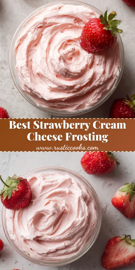 A small clear glass bowl filled with thick, creamy, light pink fresh strawberry cream cheese frosting with a whole strawberry on the edge.