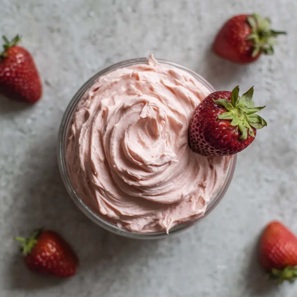 Overhead shot of artfully swirled light pink strawberry cream cheese frosting in a clear glass bowl.